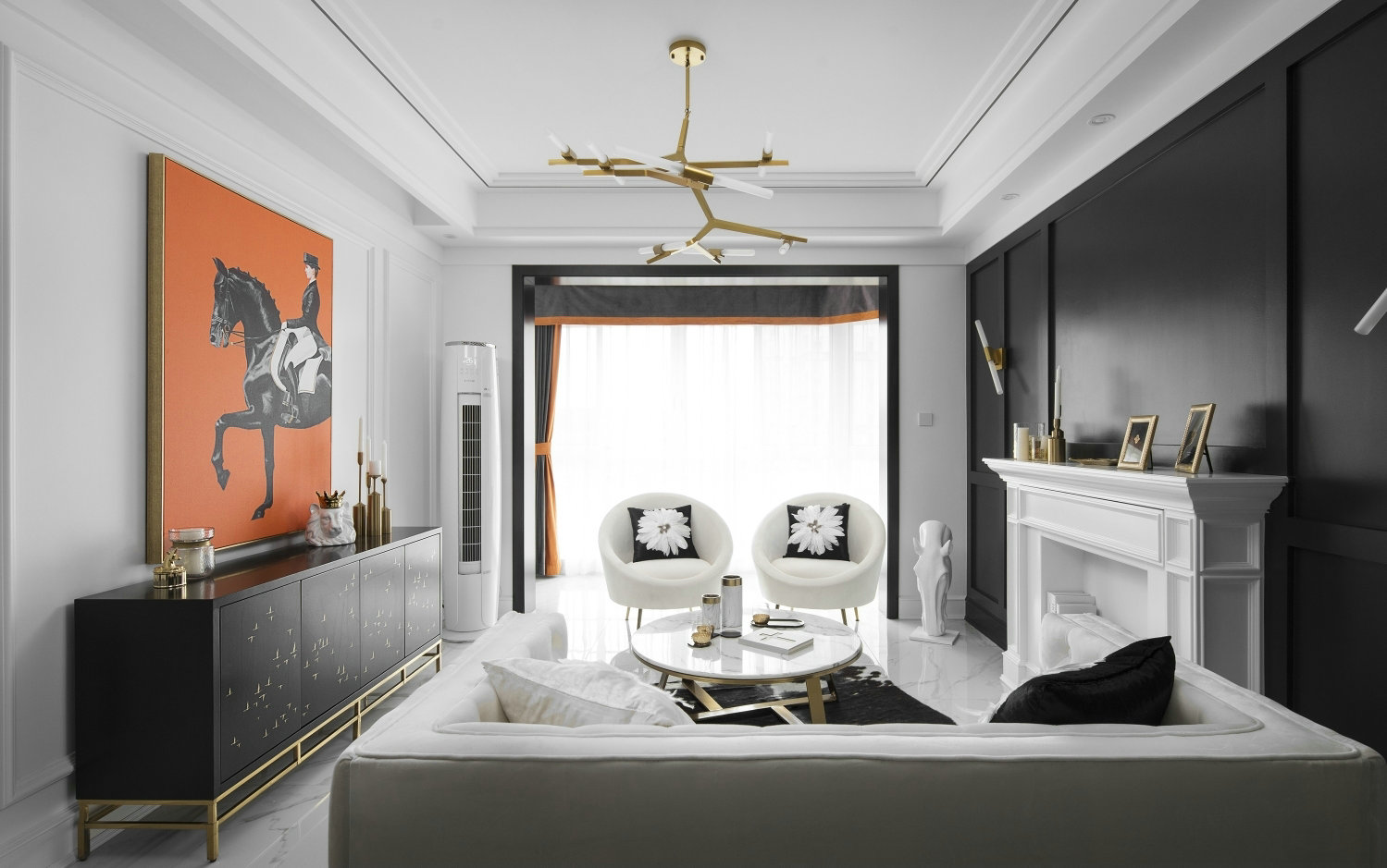 白色為主 黑色點(diǎn)綴 在這個(gè)黑白相交的空間里點(diǎn)綴上香橙色 看起來(lái)沒有一點(diǎn)突兀