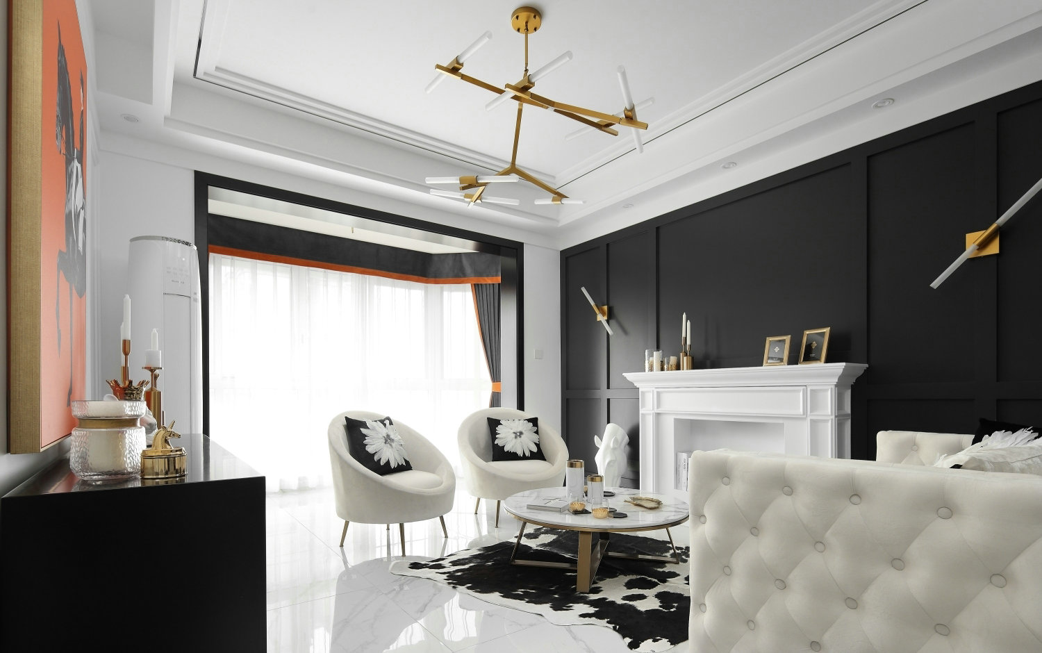 白色為主 黑色點(diǎn)綴 在這個(gè)黑白相交的空間里點(diǎn)綴上香橙色 看起來(lái)沒有一點(diǎn)突兀